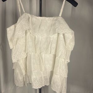 Grace & Emma White Eyelet Tiered boho Camisole with adjustable Spaghetti Straps